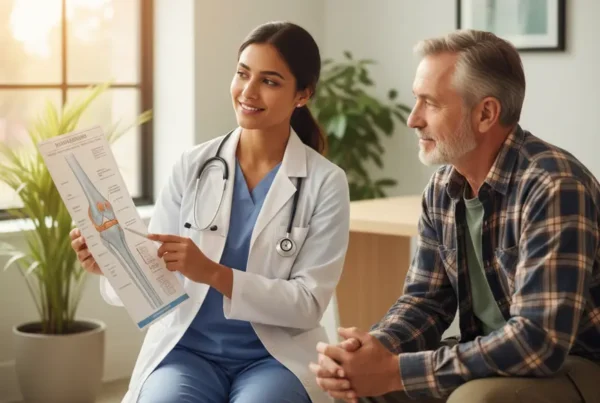 Doctor explaining non-surgical stem cell therapy for knee pain to a hopeful patient.