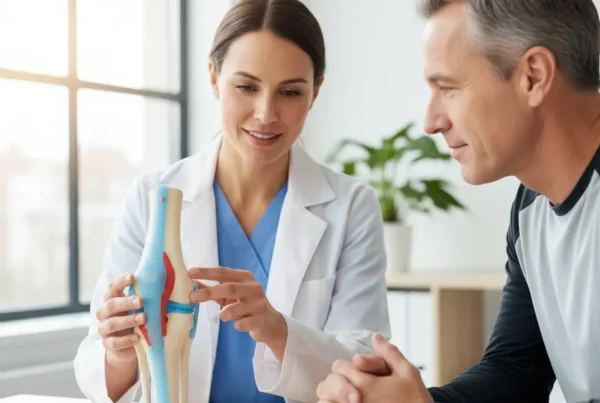 Provider discusses non-surgical knee treatment options with a patient using an anatomical model.