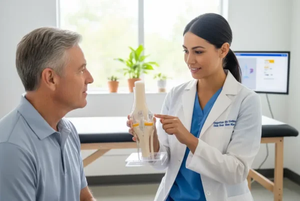 Regenerative medicine specialist discussing a knee joint model with an older patient.