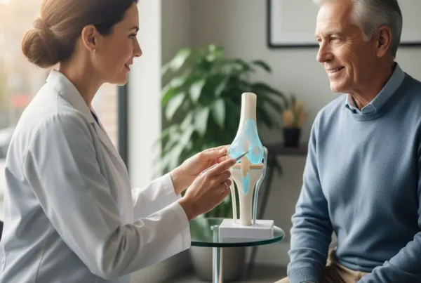 Doctor explaining stem cell therapy for knees to a senior patient using an anatomical model.