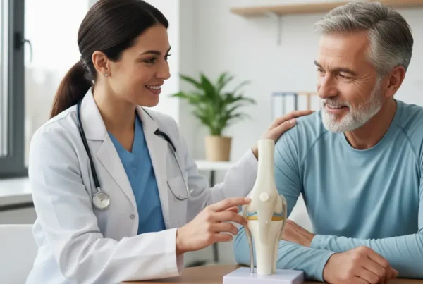 A doctor uses an anatomical model to explain stem cell therapy for knees to a patient.