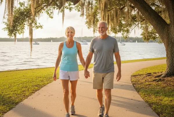 Senior couple walking happily on a lakeside path in Eustis, Florida after knee therapy.