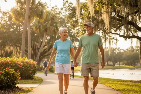 Active senior couple walking happily on a sunny park path in Fruitland Park.