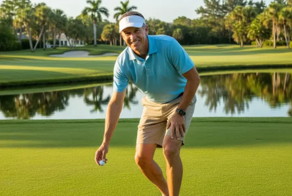 Man on a golf course in Howey-in-the-Hills easily bending his knee after therapy.