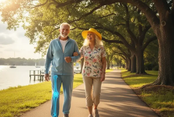 Active senior couple walking by a lake, representing stem cell therapy for knee pain.