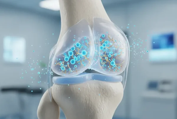 Medical illustration of a knee joint receiving stem cell therapy for cartilage repair.