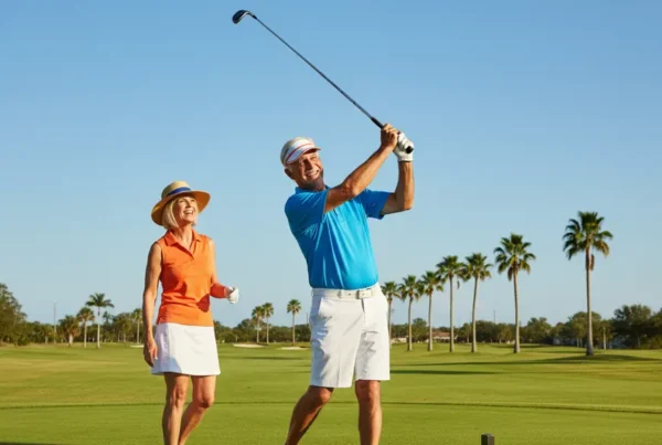 Active senior couple golfing in The Villages after stem cell therapy for their knees.