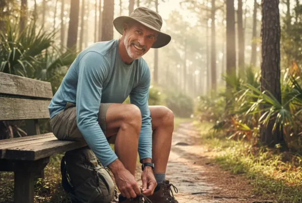 Man tying hiking boot at a trailhead, ready for non-surgical knee pain relief.
