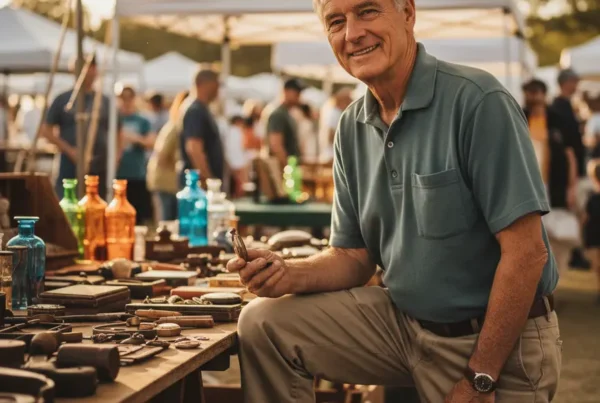 A senior man easily bending his knee at an outdoor market after receiving stem cell therapy.