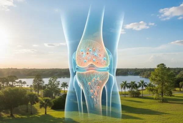 A medical illustration of a knee joint receiving stem cell therapy over a Montverde landscape.